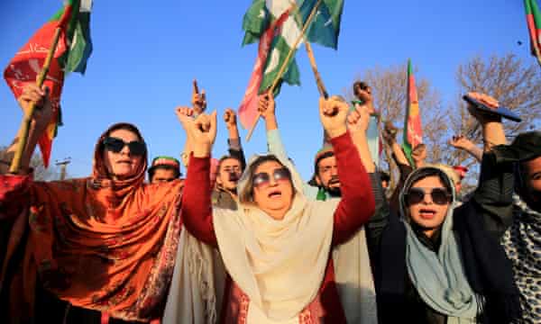 Supporters of Imran Khan’s PTI party protest against alleged rigging in general elections in Peshawar.