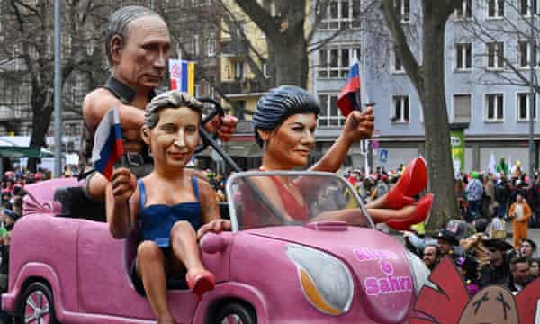 A float depicting ‘Barbies and Ken’.Russian President Vladimir Putin (L), AfD leader Alice Weidel (C) and Sahra Wagenknecht, leader of the left-wing BSW party) at the Rose Monday parade in Mainz, Germany in February. There are fears the AfD could do well in European Parliament elections.