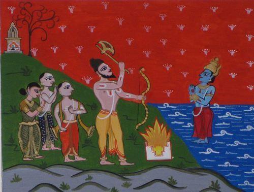 Lord Parshuram with Brahmin settlers commanding Lord Varuna to make the seas recede to make the Konkan.