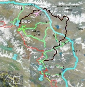 The thick blue line is the G 219 highway and the green roads are branches. Branches numbered 3 to 8 reach the LAC. Note the absence of any Chinese roads at the LAC (red line) for a long stretch between DBO in the north and opposite Leh in the south.
