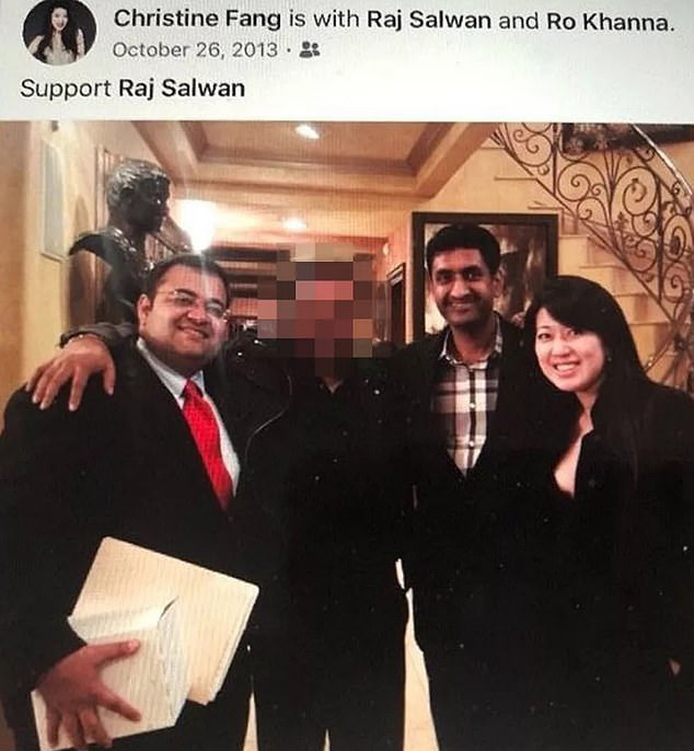 Fang with Fremont City Councilmember Raj Salwan (left) and Representative Ro Khanna ell (left) with suspected Chinese intelligence operative Christine Fang (Salwan and Khanna have not been of having a sexual relationship with Fang, nor any wrongdoing)