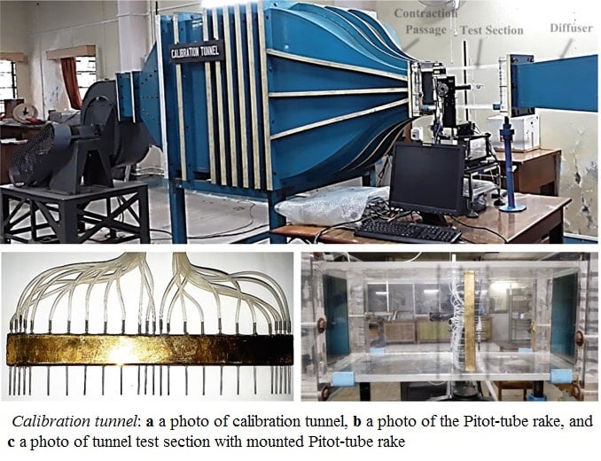 Calibration tunnel a photo of calibration tunnel, b a photo of the Pitot-tube rake and c a.jpg