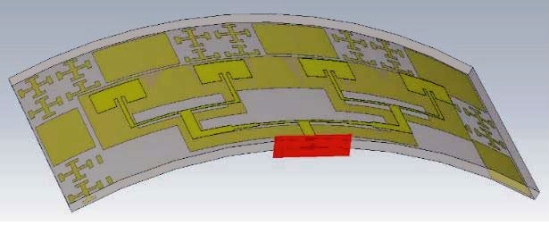 Corporate-fed 4-element linear patch array with hybrid HIS based ground plane conformal.jpg