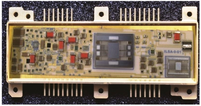 Photograph of 1″ × 4″ hybrid micro circuit with sensors and  front end electronics for ILSA.jpg