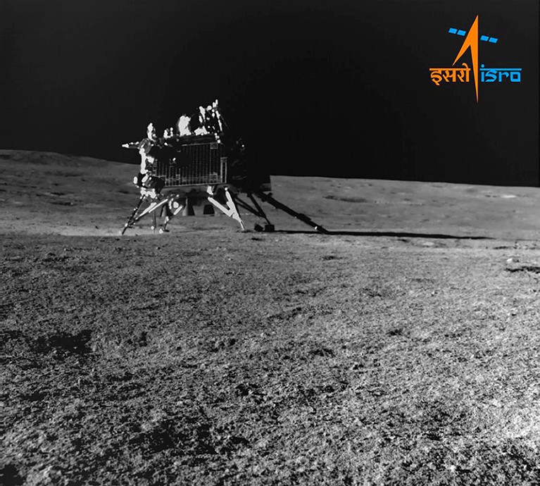The Vikram lander as seen by the navigation camera on Pragyan Rover on Aug. 30, 2023.