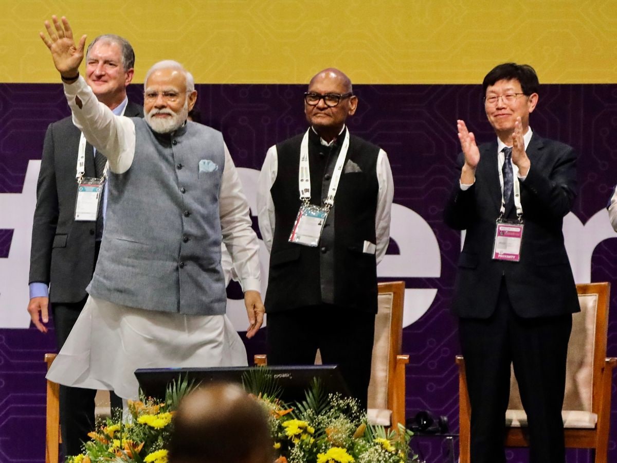 Prime Minister Narendra Modi during the Semicon India Conference 2023, in Gandhinagar. Foxconn Chairman Young Liu is also seen. (PTI)