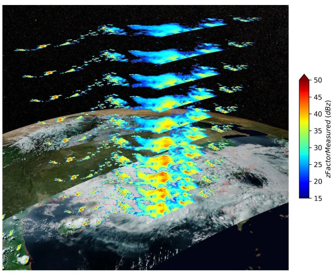 The 3D structure of the precipitation system from 3.75 km to 6 km from the surface in the rainfall near south China's Hainan Province and Yangjiang in Guangdong Province captured by FY-3G's precipitation measurement radar, May 7, 2023. /National Satellite Meteorological Center