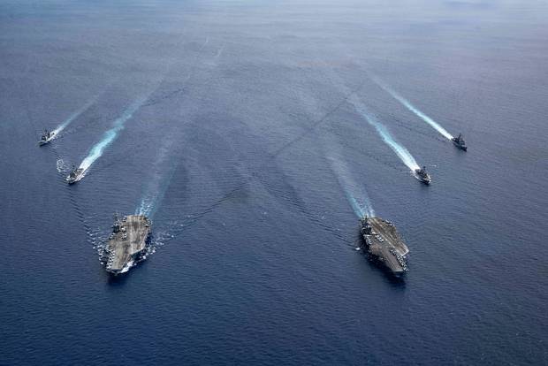 The USS Ronald Reagan and USS Nimitz in the South China Sea conducting joint exercises earlier this month.