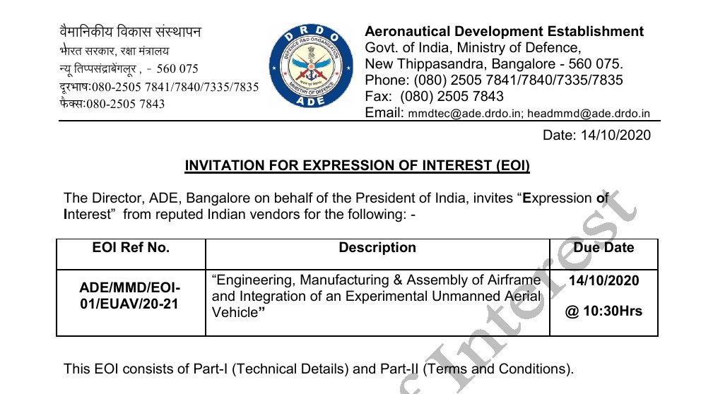 EOI - Experimental Unmanned Aerial Vehicle - Aeronautical Development Establishment - ADE - 01