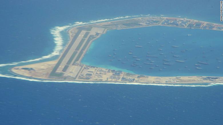The Chinese-controlled artificial island of Mischief reef in the South China Sea, as seen by CNN from a US reconnaissance plane on August 10, 2018.