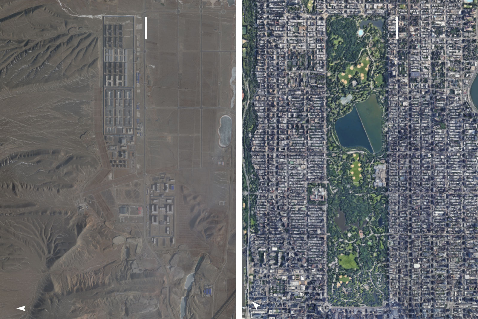 Satellite images comparing the size of Dabancheng to Central Park
