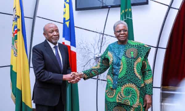 Namibia’s President Nangolo Mbumba shakes hands with his vice-president Netumbo Nandi-Ndaitwah in February.