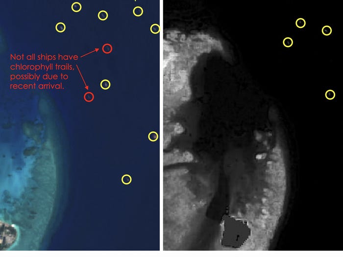 The satellite image compares the locations of ships (left) and their corresponding alga growth (right).