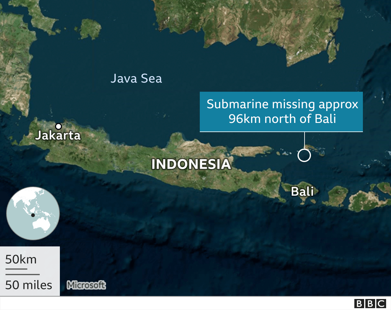 Image shows a map of Indonesia and the location where the submarine went missing