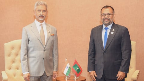 External Affairs Minister S Jaishankar and Maldives Foreign Minister Moosa Zameer during a meeting, in Kampala, Thursday, Jan. 18, 2024.
