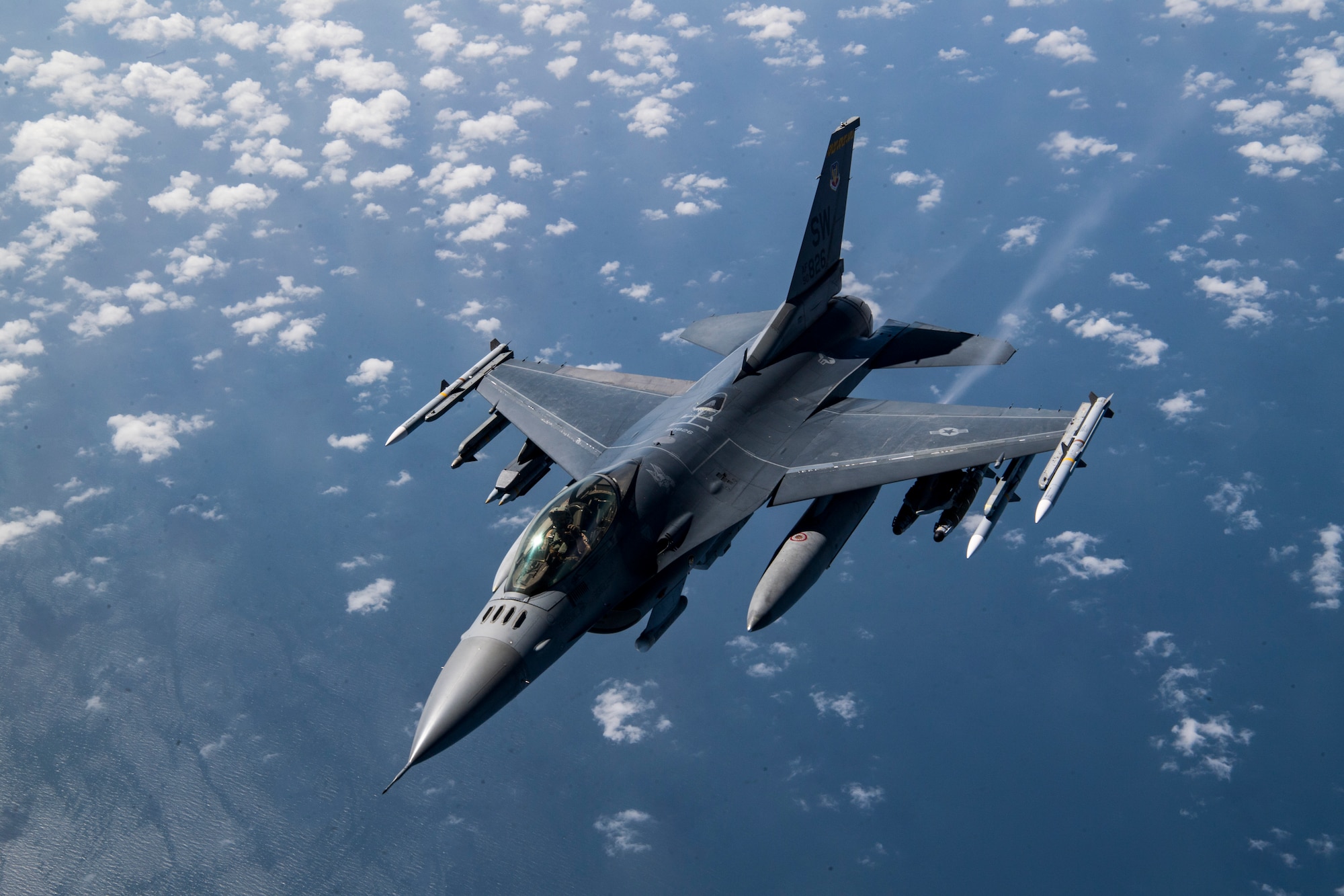 A U.S. Air Force F-16 Fighting Falcon flies over Afghanistan, March 17, 2020. The F-16 Fighting Falcon is a compact, multi-role fighter aircraft that delivers war- winning airpower to the U.S. Central Command area of responsibility. (U.S. Air Force photo by Tech. Sgt. Matthew Lotz)
