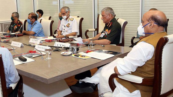 Defence Minister Rajnath Singh at a meeting with CDS Gen. Bipin Rawat, the three service chiefs and other officials (for representation) | Photo: ANI