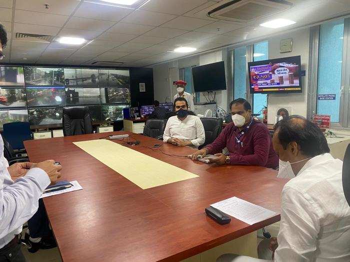 Maharashtra deputy chief minister Ajit Pawar reviews cyclone situation at disaster management control room in Mantralaya.