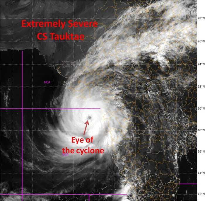 Extremely Severe Cyclonic Storm Tauktae INSAT 3D satellite-based centre position at 1030 IST - 19.1N & 71.5E which is 193km south-southeast of Diu. (IMD)
