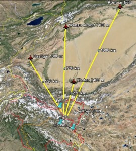 Airfields in Xinjiang, marked with names, elevation above sea level and yellow lines indicating distance from LAC