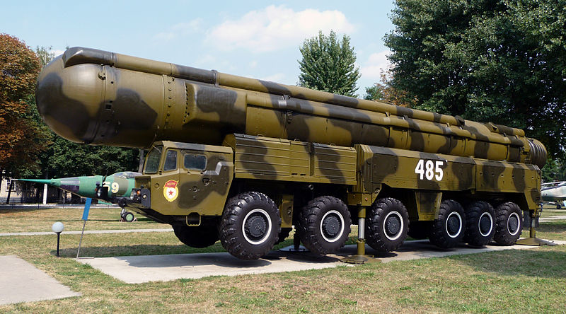 Intermediate-range ballistic missile with a nuclear warhead RSD-10 Pioneer. It was deployed by the Soviet Union from 1976 to 1988. NATO reporting name was SS-20 Saber. It was withdrawn from service under the Intermediate-Range Nuclear Forces Treaty. Ukrainian Air Force Museum in Vinnitsa.